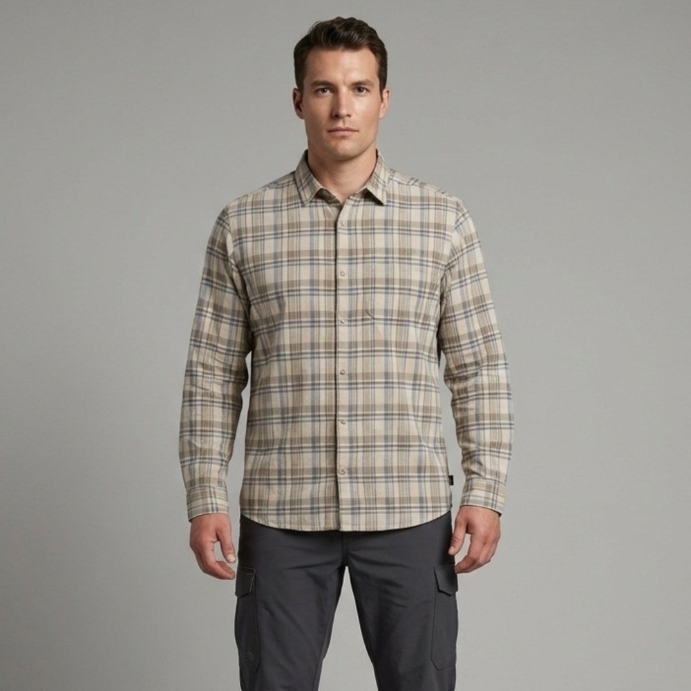 Mountain Hardwear Mens XL Plaid‎ LS Button Up Shirt Beige Gorpcore Casual